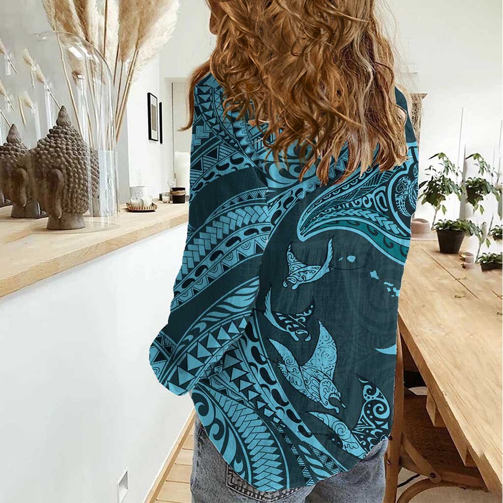 Hawaiian Manta Ray and Polynesian Tribal Tattoo Women Casual Shirt Turquoise Color LT03 - Polynesian Pride