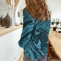Hawaiian Manta Ray and Polynesian Tribal Tattoo Women Casual Shirt Turquoise Color LT03 - Polynesian Pride