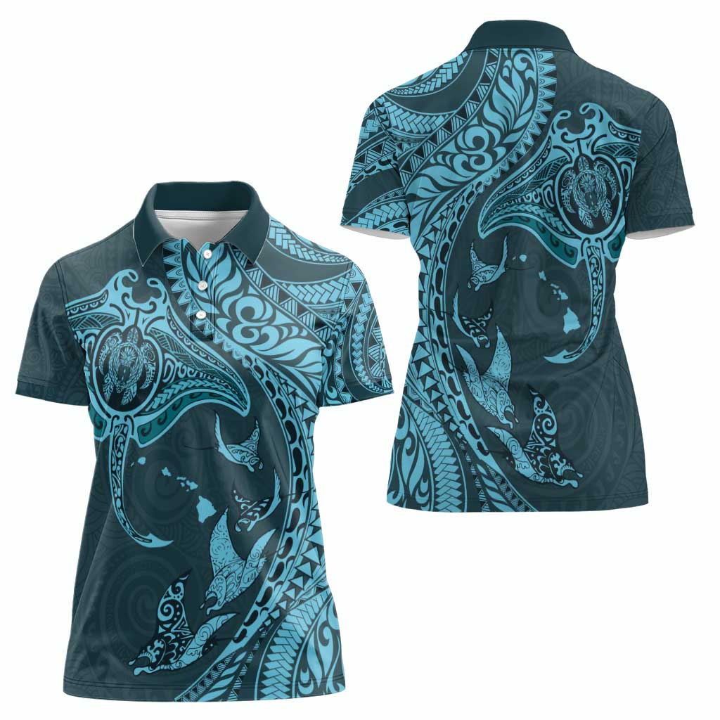 Hawaiian Manta Ray and Polynesian Tribal Tattoo Women Polo Shirt Turquoise Color LT03