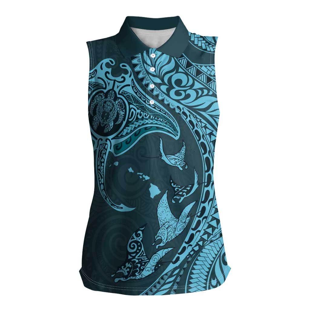 Hawaiian Manta Ray and Polynesian Tribal Tattoo Women Sleeveless Polo Shirt Turquoise Color LT03 Female Turquoise - Polynesian Pride