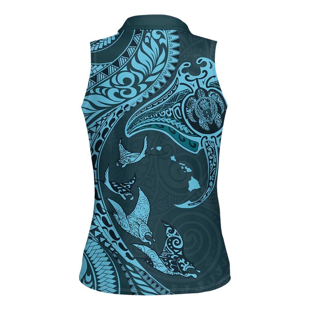 Hawaiian Manta Ray and Polynesian Tribal Tattoo Women Sleeveless Polo Shirt Turquoise Color LT03 - Polynesian Pride