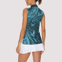Hawaiian Manta Ray and Polynesian Tribal Tattoo Women Sleeveless Polo Shirt Turquoise Color LT03 - Polynesian Pride