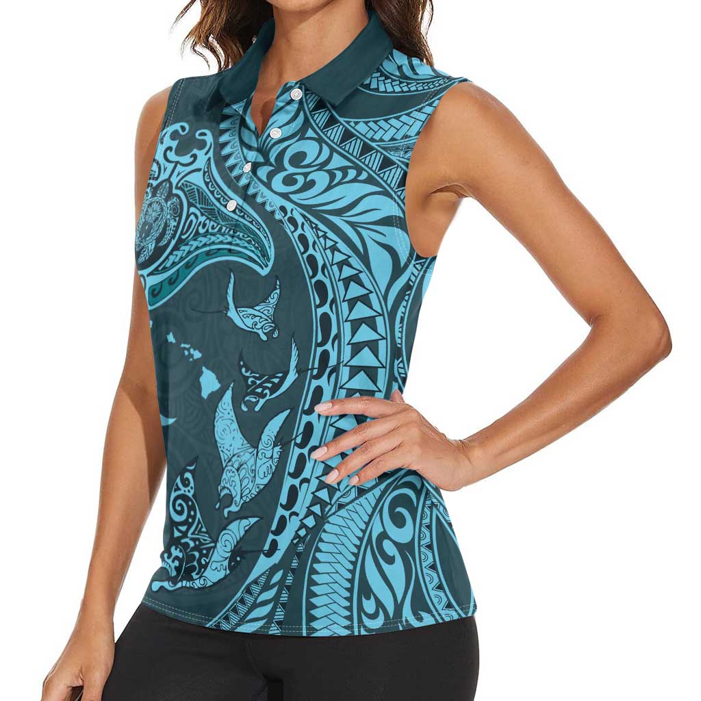 Hawaiian Manta Ray and Polynesian Tribal Tattoo Women Sleeveless Polo Shirt Turquoise Color LT03 - Polynesian Pride