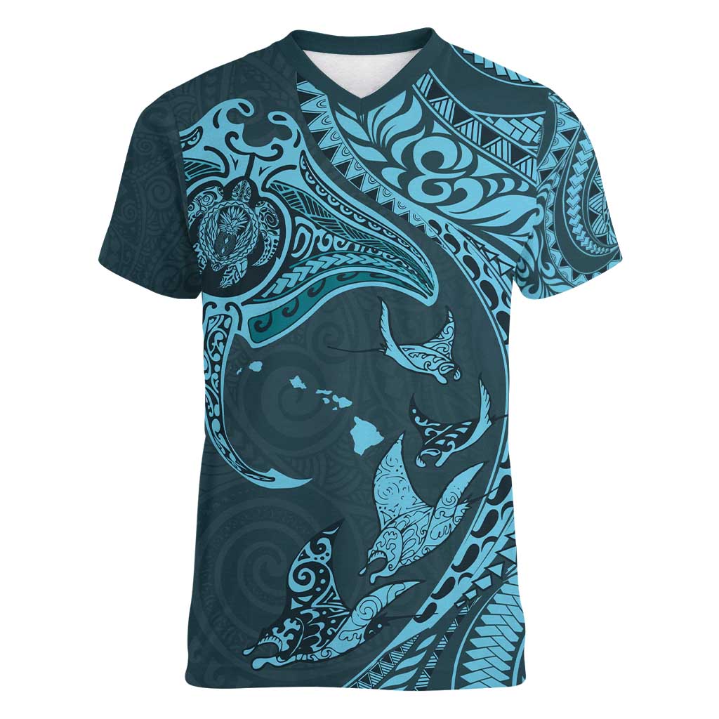 Hawaiian Manta Ray and Polynesian Tribal Tattoo Women V-Neck T-Shirt Turquoise Color LT03 Female Turquoise - Polynesian Pride