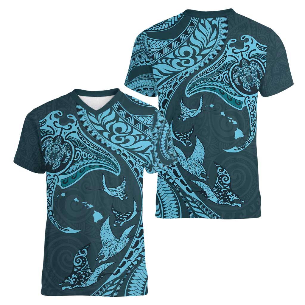 Hawaiian Manta Ray and Polynesian Tribal Tattoo Women V-Neck T-Shirt Turquoise Color LT03 - Polynesian Pride