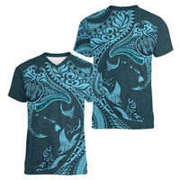 Hawaiian Manta Ray and Polynesian Tribal Tattoo Women V-Neck T-Shirt Turquoise Color LT03 - Polynesian Pride