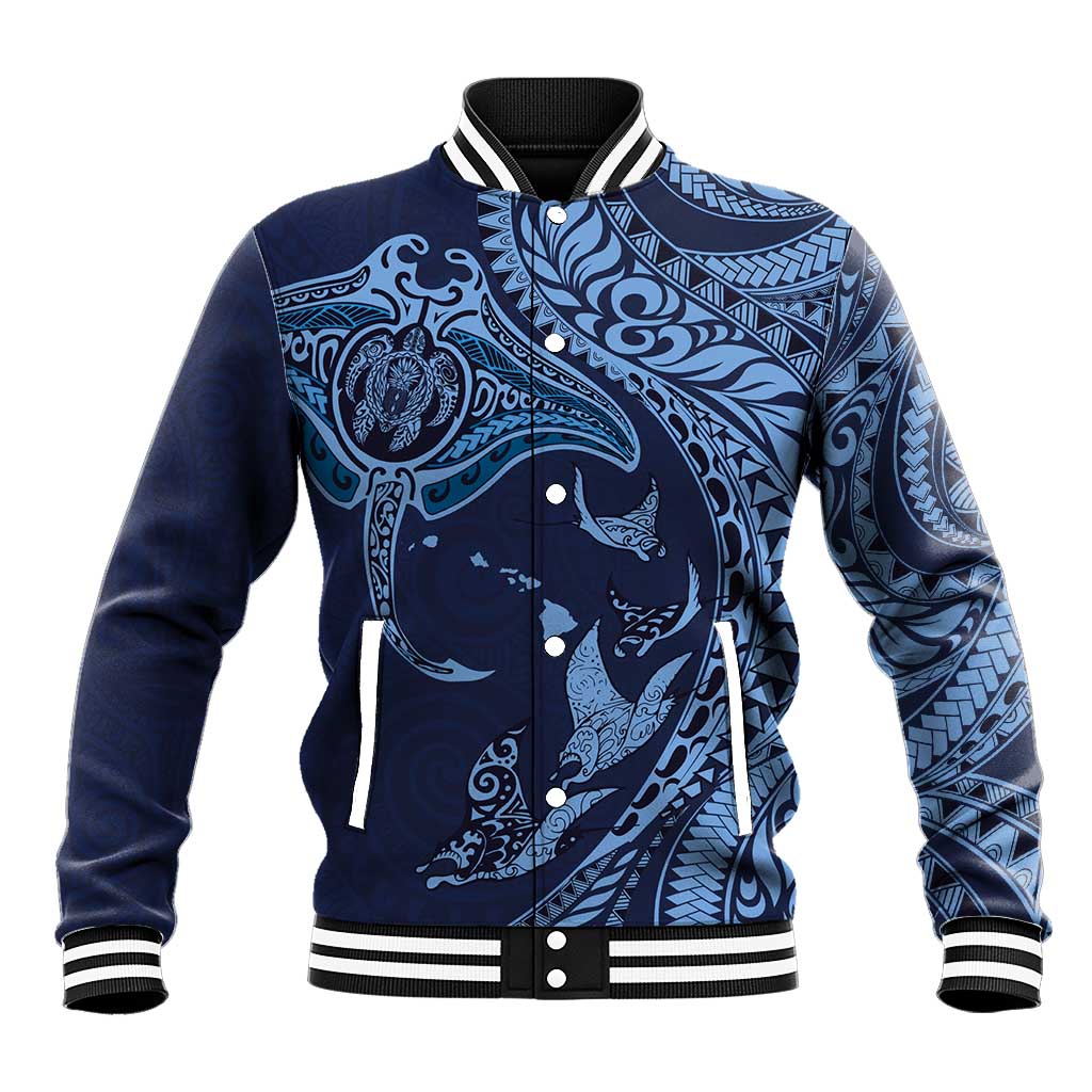 Hawaiian Manta Ray and Polynesian Tribal Tattoo Baseball Jacket Dark Navy Color LT03