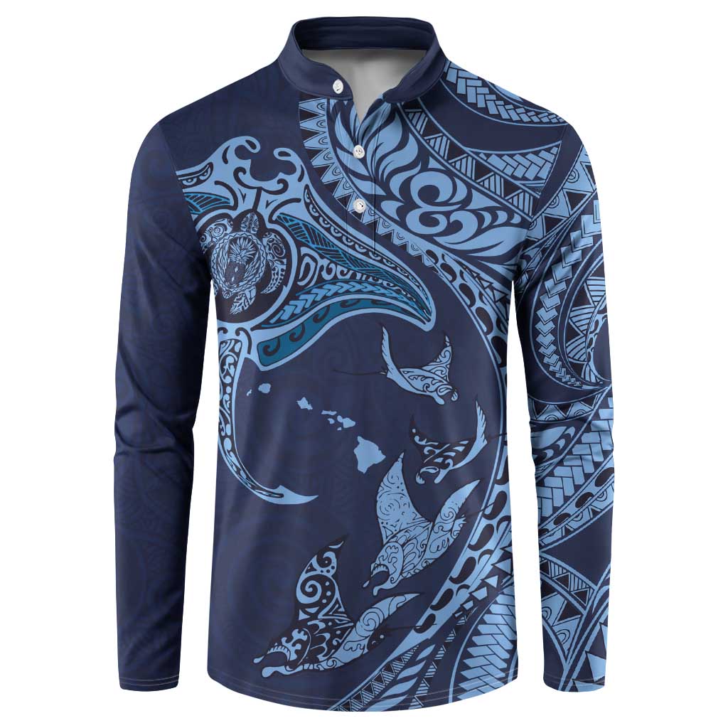 Hawaiian Manta Ray and Polynesian Tribal Tattoo Button Sweatshirt Dark Navy Color LT03
