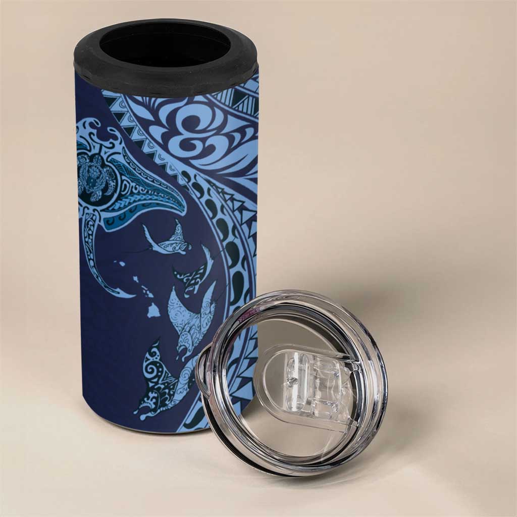 Hawaiian Manta Ray and Polynesian Tribal Tattoo 4 in 1 Can Cooler Tumbler Dark Navy Color LT03 - Polynesian Pride