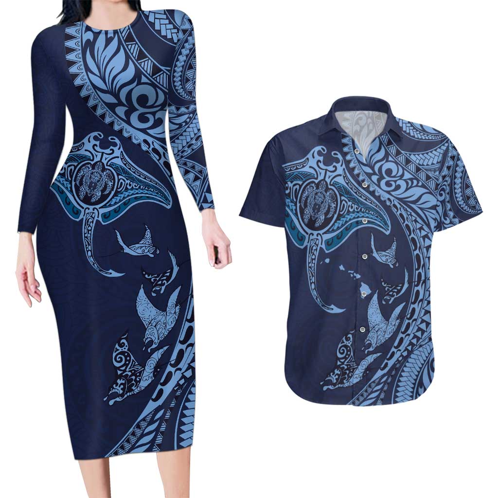 Hawaiian Manta Ray and Polynesian Tribal Tattoo Couples Matching Long Sleeve Bodycon Dress and Hawaiian Shirt Dark Navy Color LT03 Dark Navy - Polynesian Pride