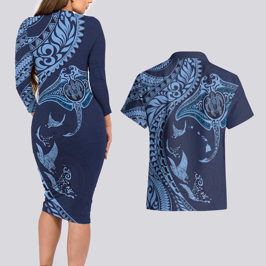 Hawaiian Manta Ray and Polynesian Tribal Tattoo Couples Matching Long Sleeve Bodycon Dress and Hawaiian Shirt Dark Navy Color LT03 - Polynesian Pride