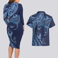 Hawaiian Manta Ray and Polynesian Tribal Tattoo Couples Matching Long Sleeve Bodycon Dress and Hawaiian Shirt Dark Navy Color LT03 - Polynesian Pride