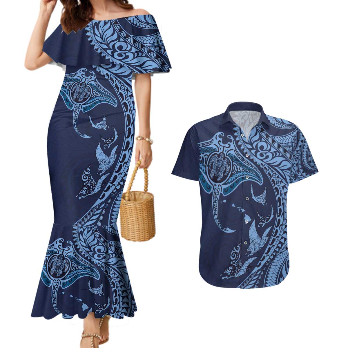Hawaiian Manta Ray and Polynesian Tribal Tattoo Couples Matching Mermaid Dress and Hawaiian Shirt Dark Navy Color LT03 Dark Navy - Polynesian Pride