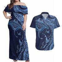Hawaiian Manta Ray and Polynesian Tribal Tattoo Couples Matching Off Shoulder Maxi Dress and Hawaiian Shirt Dark Navy Color LT03 Dark Navy - Polynesian Pride