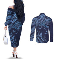 Hawaiian Manta Ray and Polynesian Tribal Tattoo Couples Matching Off The Shoulder Long Sleeve Dress and Long Sleeve Button Shirt Dark Navy Color LT03