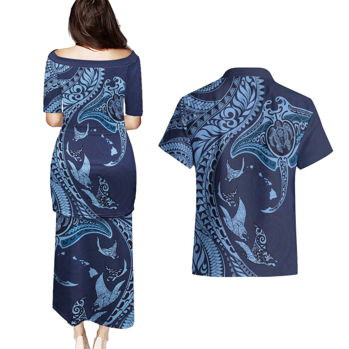 Hawaiian Manta Ray and Polynesian Tribal Tattoo Couples Matching Puletasi and Hawaiian Shirt Dark Navy Color LT03 - Polynesian Pride