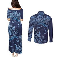 Hawaiian Manta Ray and Polynesian Tribal Tattoo Couples Matching Puletasi and Long Sleeve Button Shirt Dark Navy Color LT03 - Polynesian Pride