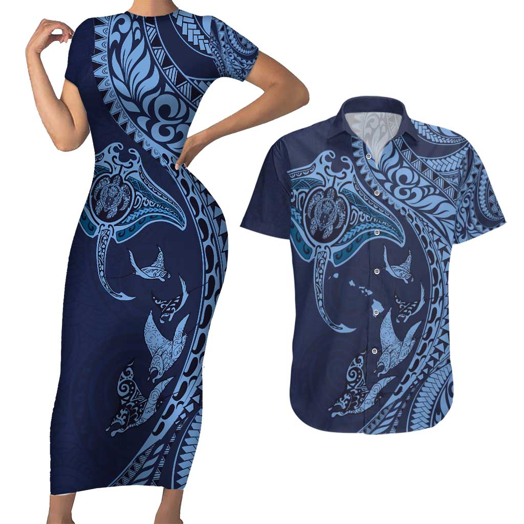 Hawaiian Manta Ray and Polynesian Tribal Tattoo Couples Matching Short Sleeve Bodycon Dress and Hawaiian Shirt Dark Navy Color LT03 Dark Navy - Polynesian Pride