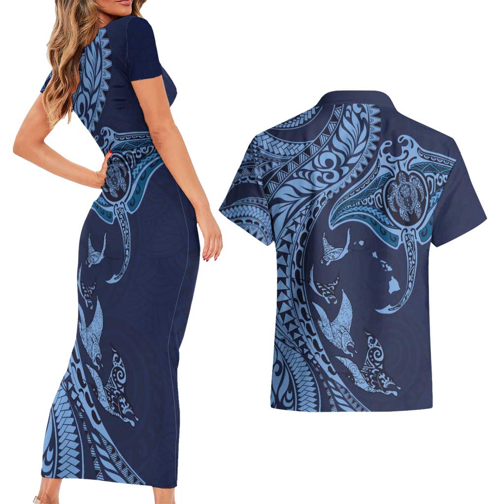 Hawaiian Manta Ray and Polynesian Tribal Tattoo Couples Matching Short Sleeve Bodycon Dress and Hawaiian Shirt Dark Navy Color LT03 - Polynesian Pride