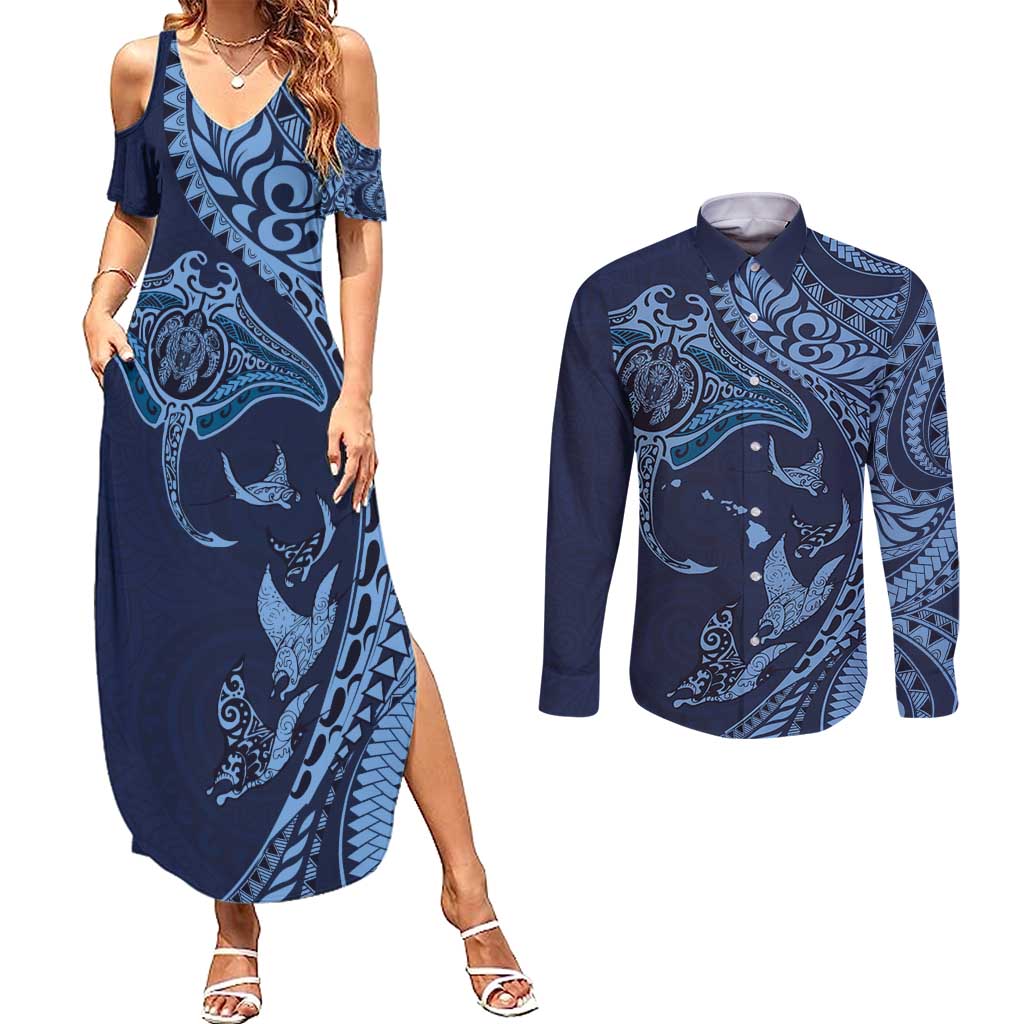 Hawaiian Manta Ray and Polynesian Tribal Tattoo Couples Matching Summer Maxi Dress and Long Sleeve Button Shirt Dark Navy Color LT03