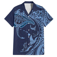 Hawaiian Manta Ray and Polynesian Tribal Tattoo Family Matching Long Sleeve Bodycon Dress and Hawaiian Shirt Dark Navy Color LT03