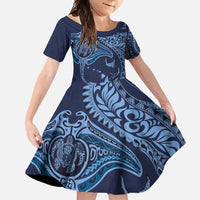 Hawaiian Manta Ray and Polynesian Tribal Tattoo Family Matching Mermaid Dress and Hawaiian Shirt Dark Navy Color LT03 Daughter's Dress Dark Navy - Polynesian Pride