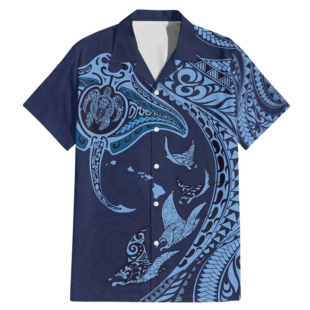 Hawaiian Manta Ray and Polynesian Tribal Tattoo Family Matching Mermaid Dress and Hawaiian Shirt Dark Navy Color LT03 Dad's Shirt - Short Sleeve Dark Navy - Polynesian Pride
