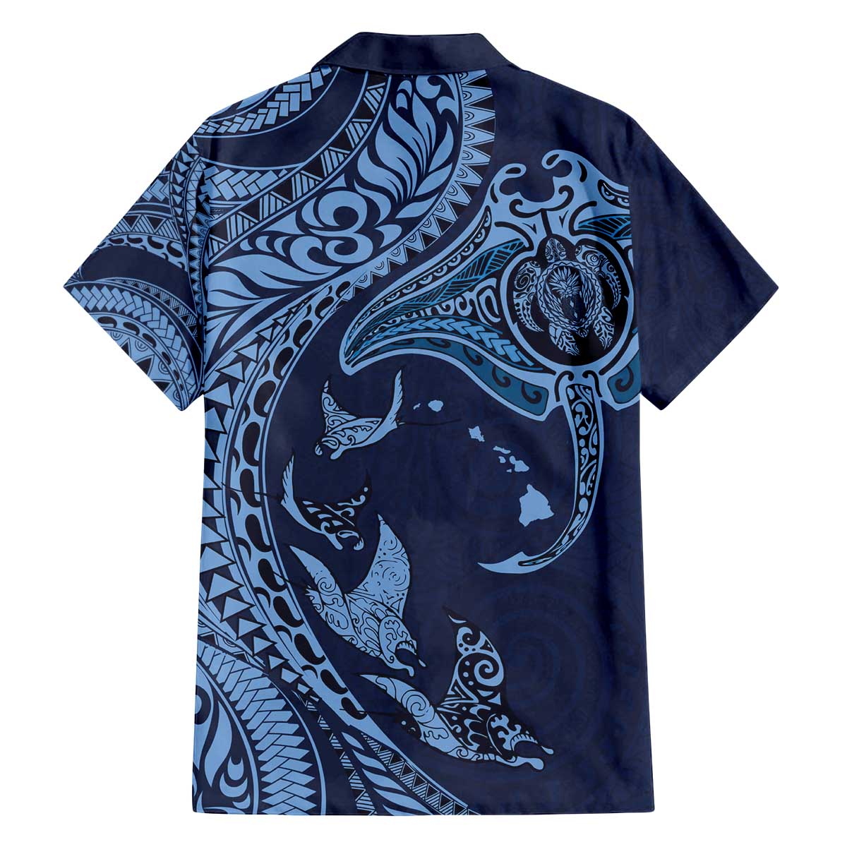 Hawaiian Manta Ray and Polynesian Tribal Tattoo Family Matching Off The Shoulder Long Sleeve Dress and Hawaiian Shirt Dark Navy Color LT03