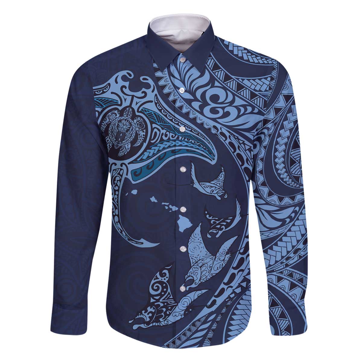 Hawaiian Manta Ray and Polynesian Tribal Tattoo Family Matching Off The Shoulder Long Sleeve Dress and Hawaiian Shirt Dark Navy Color LT03