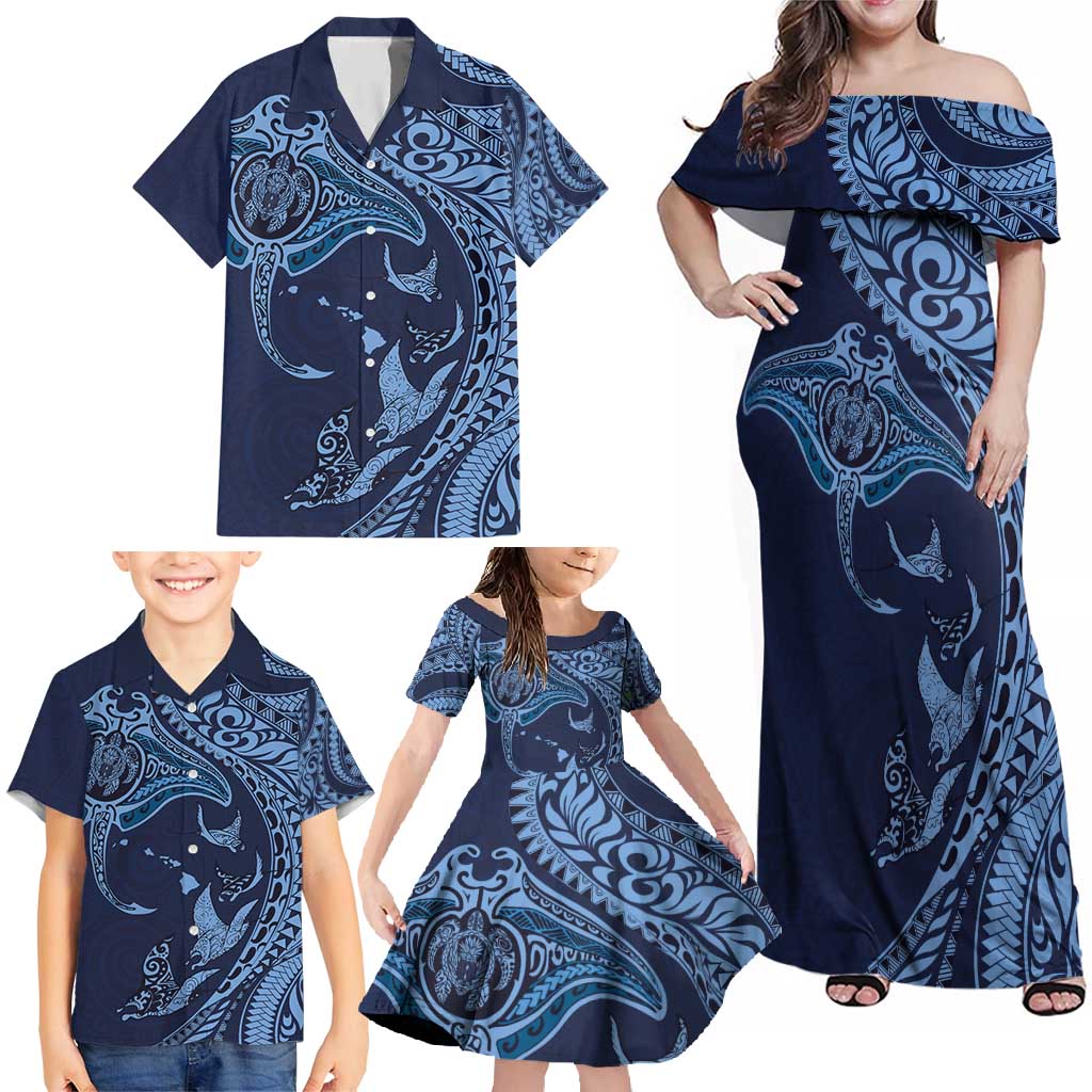 Hawaiian Manta Ray and Polynesian Tribal Tattoo Family Matching Off Shoulder Maxi Dress and Hawaiian Shirt Dark Navy Color LT03 - Polynesian Pride