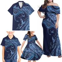 Hawaiian Manta Ray and Polynesian Tribal Tattoo Family Matching Off Shoulder Maxi Dress and Hawaiian Shirt Dark Navy Color LT03 - Polynesian Pride