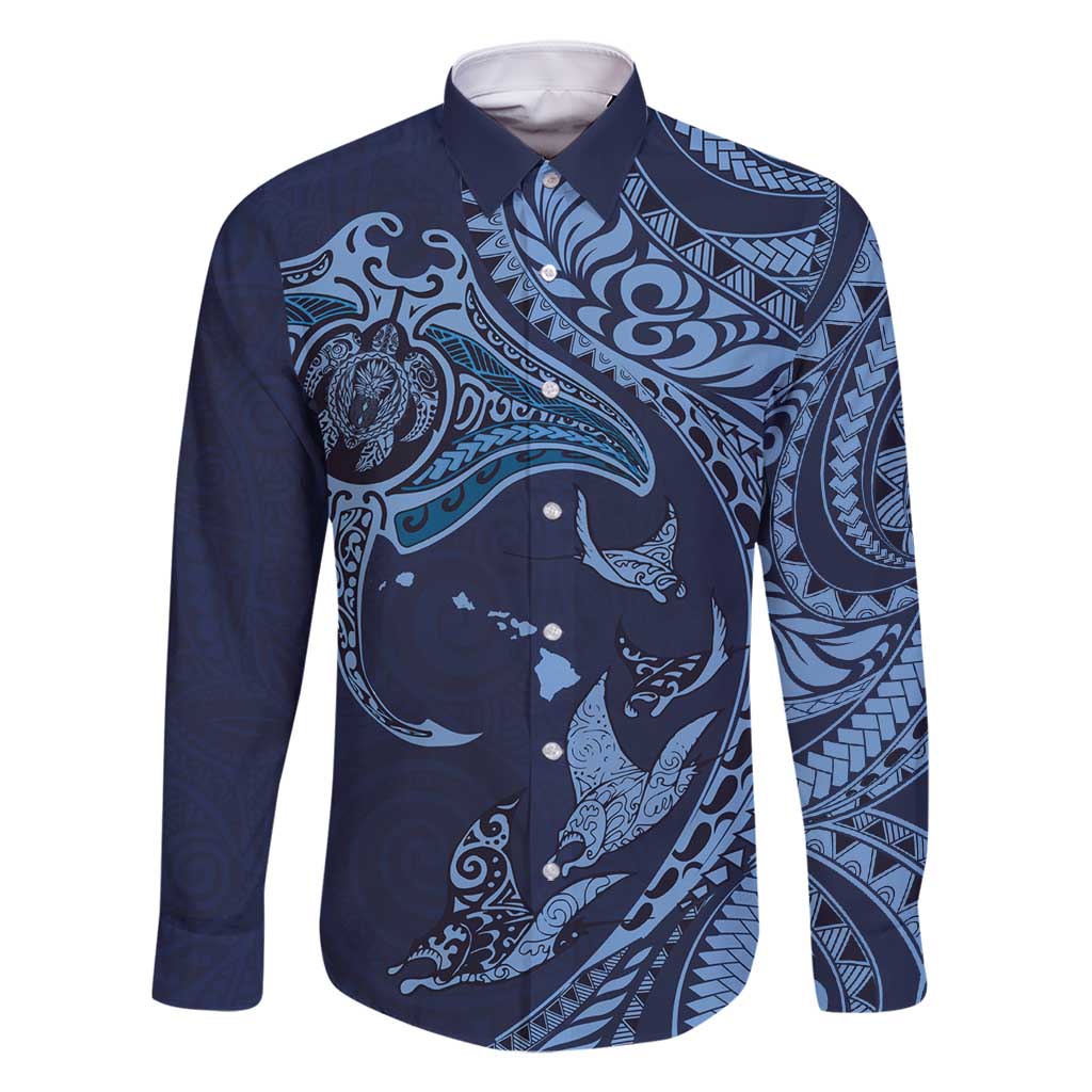 Hawaiian Manta Ray and Polynesian Tribal Tattoo Family Matching Off Shoulder Maxi Dress and Hawaiian Shirt Dark Navy Color LT03 Dad's Shirt - Long Sleeve Dark Navy - Polynesian Pride