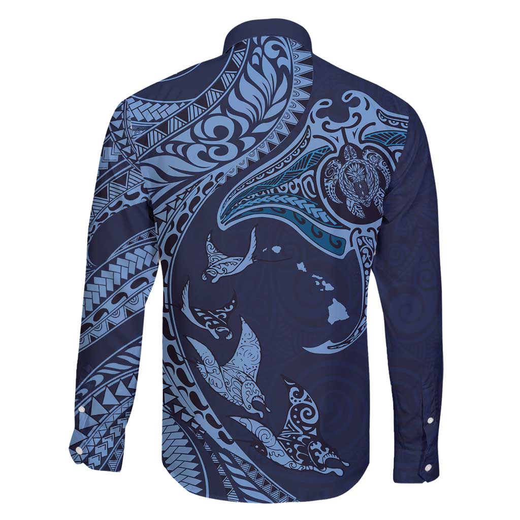Hawaiian Manta Ray and Polynesian Tribal Tattoo Family Matching Off Shoulder Maxi Dress and Hawaiian Shirt Dark Navy Color LT03 - Polynesian Pride