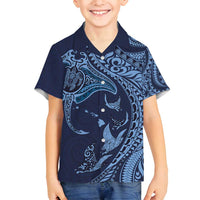 Hawaiian Manta Ray and Polynesian Tribal Tattoo Family Matching Off Shoulder Maxi Dress and Hawaiian Shirt Dark Navy Color LT03 Son's Shirt Dark Navy - Polynesian Pride