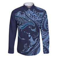 Hawaiian Manta Ray and Polynesian Tribal Tattoo Family Matching Puletasi and Hawaiian Shirt Dark Navy Color LT03 Dad's Shirt - Long Sleeve Dark Navy - Polynesian Pride