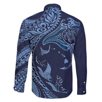 Hawaiian Manta Ray and Polynesian Tribal Tattoo Family Matching Puletasi and Hawaiian Shirt Dark Navy Color LT03 - Polynesian Pride
