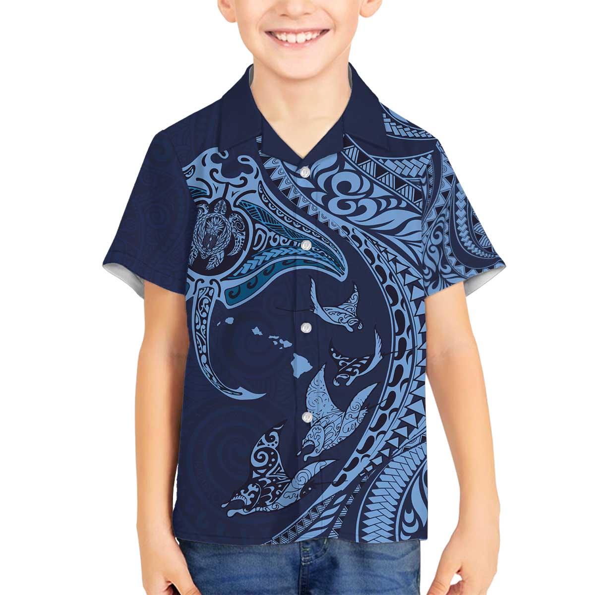 Hawaiian Manta Ray and Polynesian Tribal Tattoo Family Matching Puletasi and Hawaiian Shirt Dark Navy Color LT03 Son's Shirt Dark Navy - Polynesian Pride