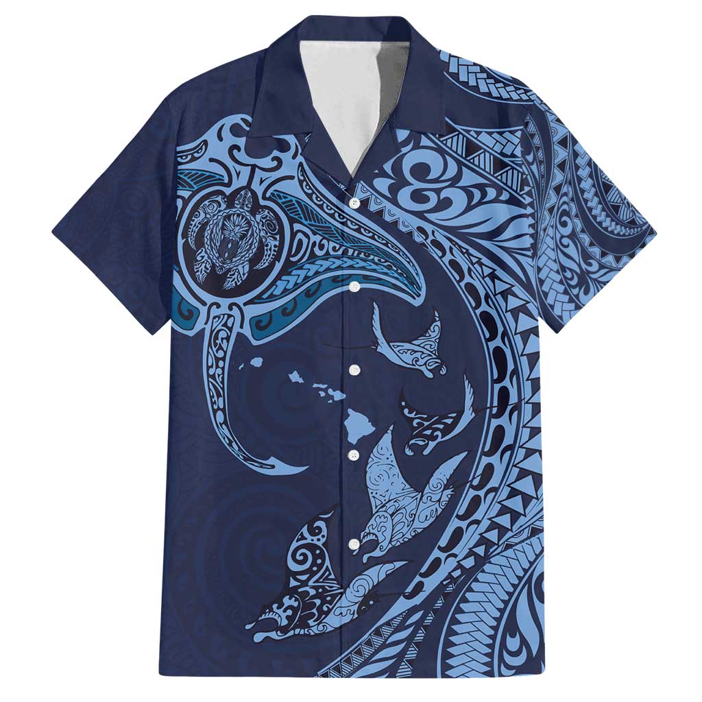 Hawaiian Manta Ray and Polynesian Tribal Tattoo Family Matching Summer Maxi Dress and Hawaiian Shirt Dark Navy Color LT03