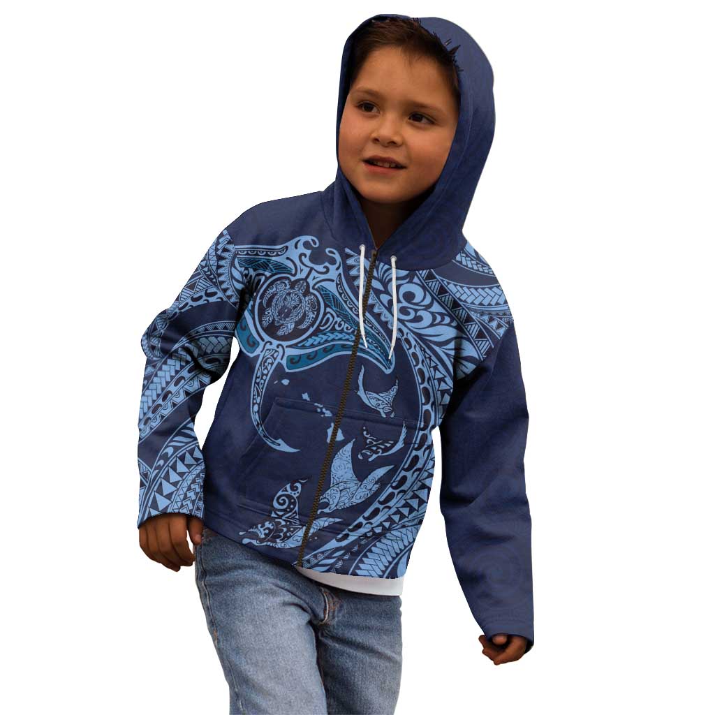 Hawaiian Manta Ray and Polynesian Tribal Tattoo Kid Hoodie Dark Navy Color LT03 - Polynesian Pride