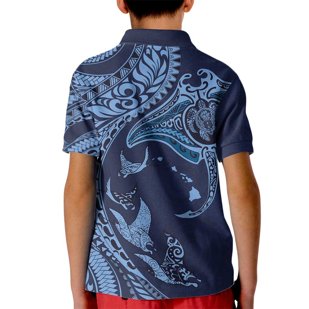 Hawaiian Manta Ray and Polynesian Tribal Tattoo Kid Polo Shirt Dark Navy Color LT03 - Polynesian Pride