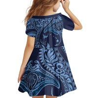Hawaiian Manta Ray and Polynesian Tribal Tattoo Kid Short Sleeve Dress Dark Navy Color LT03 - Polynesian Pride