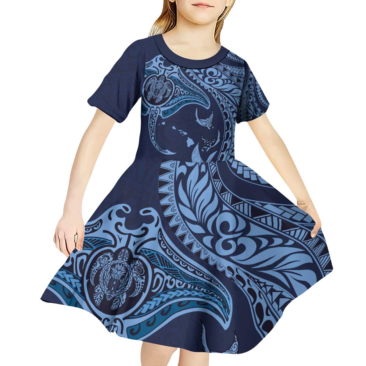 Hawaiian Manta Ray and Polynesian Tribal Tattoo Kid Short Sleeve Dress Dark Navy Color LT03 - Polynesian Pride