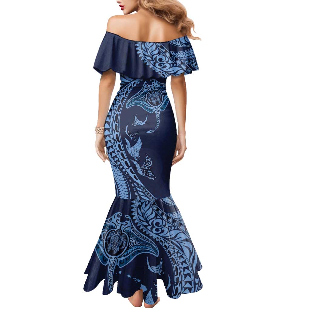 Hawaiian Manta Ray and Polynesian Tribal Tattoo Mermaid Dress Dark Navy Color LT03 - Polynesian Pride