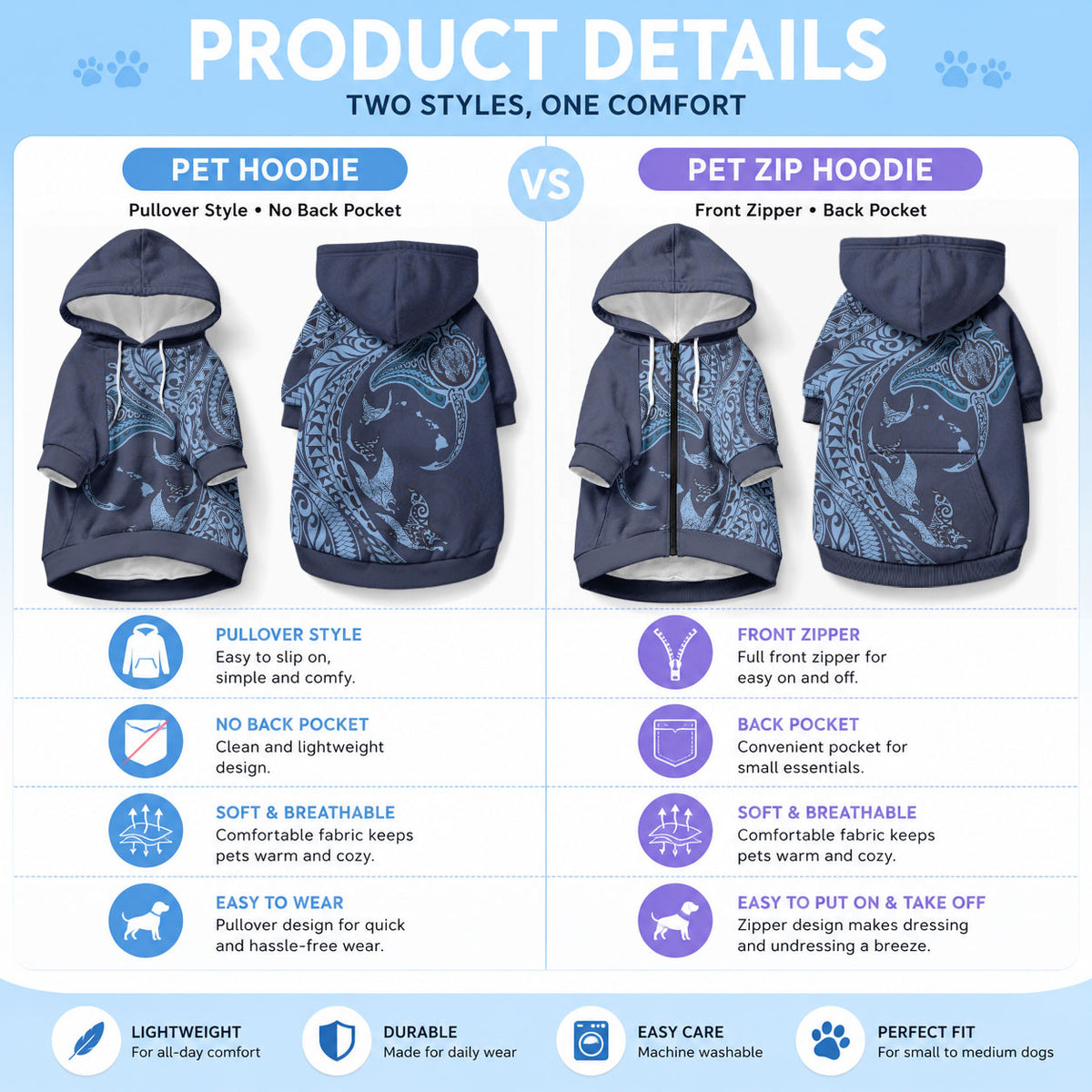 Hawaiian Manta Ray and Polynesian Tribal Tattoo Pet Hoodie