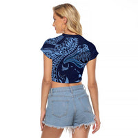 Hawaiian Manta Ray and Polynesian Tribal Tattoo Raglan Cropped T Shirt Dark Navy Color LT03 - Polynesian Pride