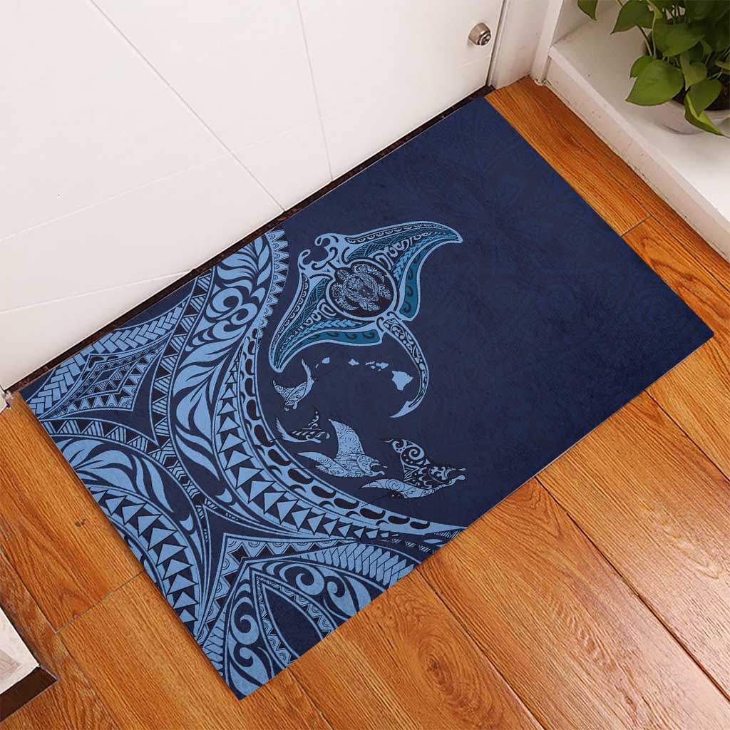 Hawaiian Manta Ray and Polynesian Tribal Tattoo Rubber Doormat Dark Navy Color LT03