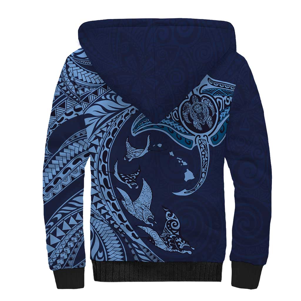 Hawaiian Manta Ray and Polynesian Tribal Tattoo Sherpa Hoodie Dark Navy Color LT03 - Polynesian Pride