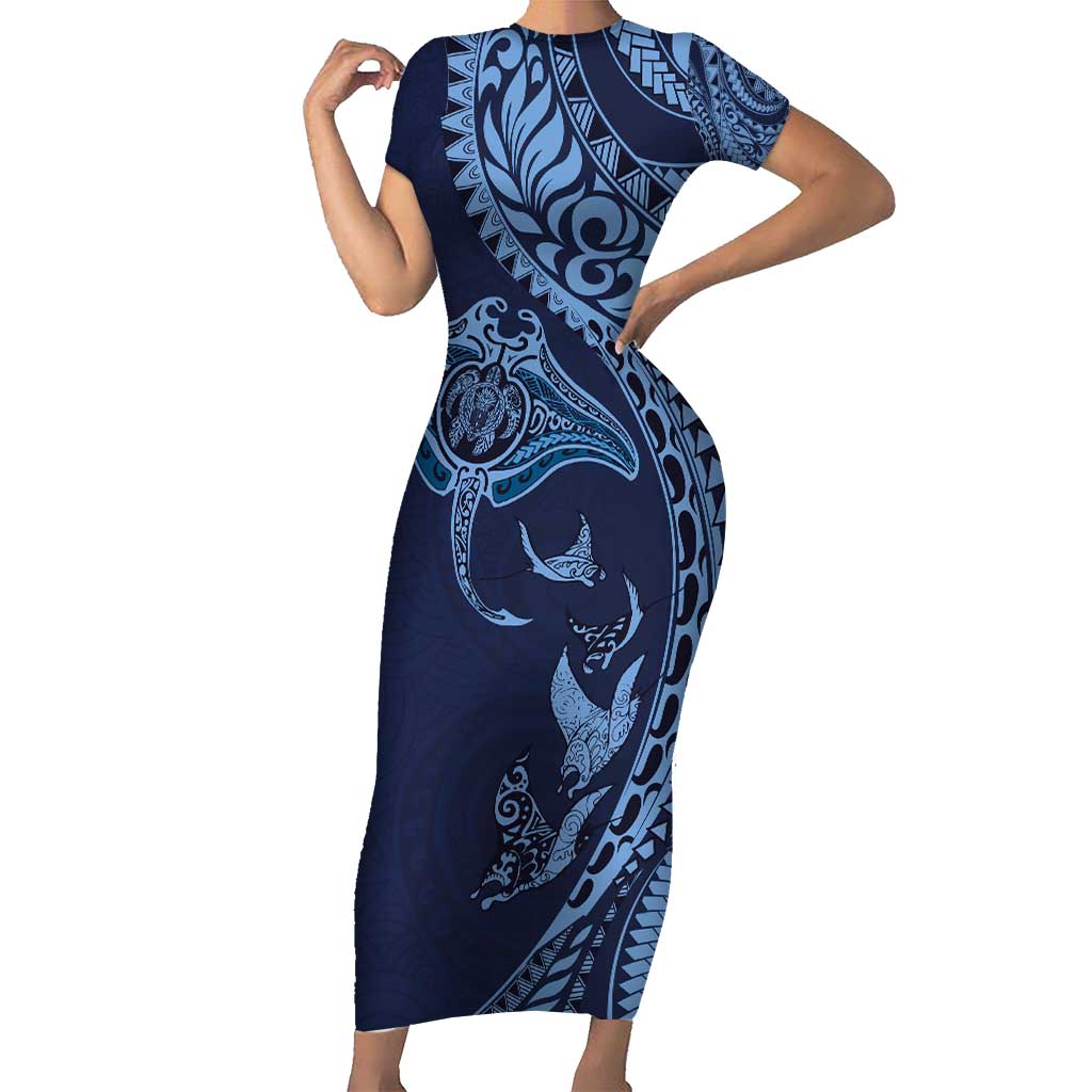 Hawaiian Manta Ray and Polynesian Tribal Tattoo Short Sleeve Bodycon Dress Dark Navy Color LT03 Long Dress Dark Navy - Polynesian Pride