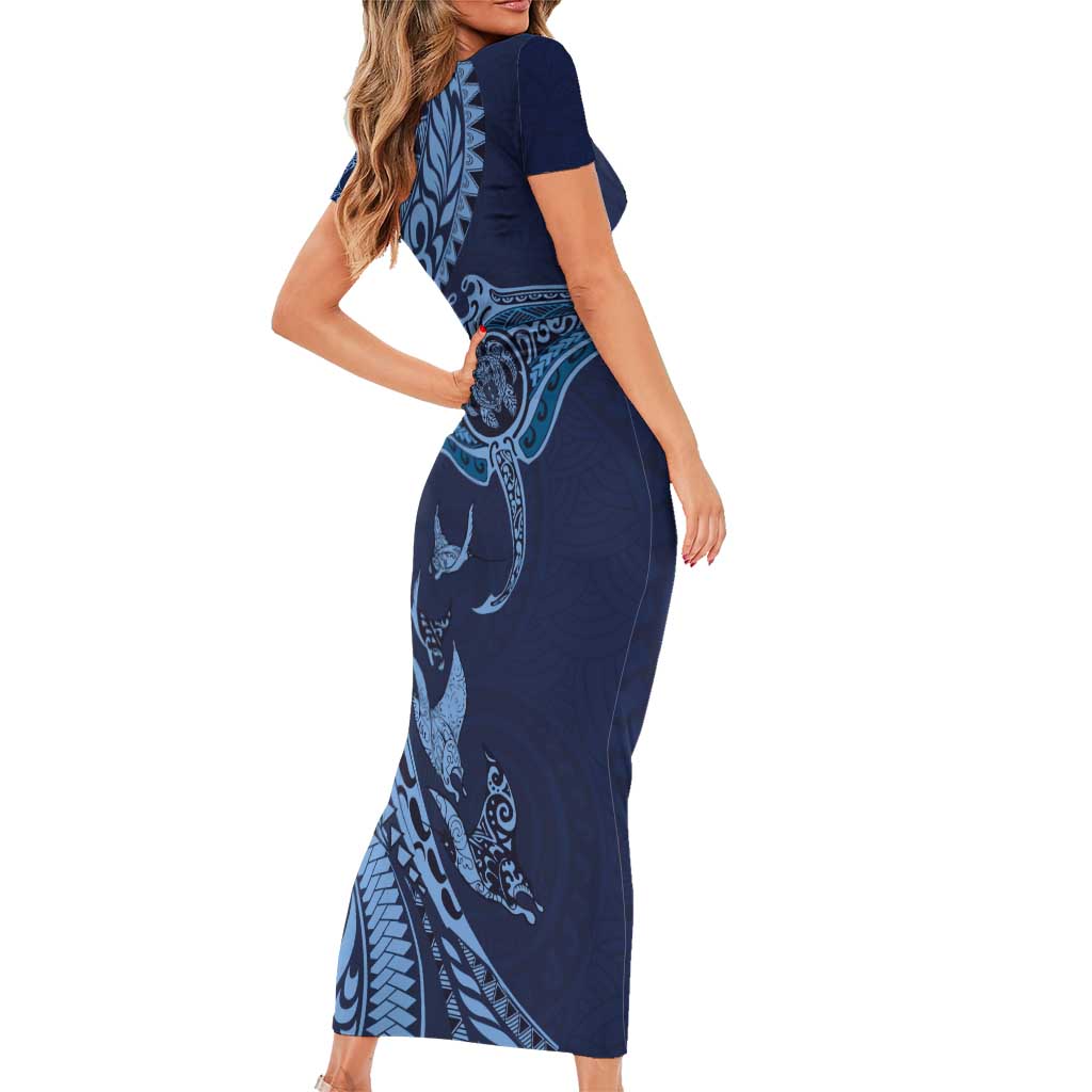 Hawaiian Manta Ray and Polynesian Tribal Tattoo Short Sleeve Bodycon Dress Dark Navy Color LT03 - Polynesian Pride