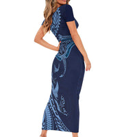 Hawaiian Manta Ray and Polynesian Tribal Tattoo Short Sleeve Bodycon Dress Dark Navy Color LT03 - Polynesian Pride